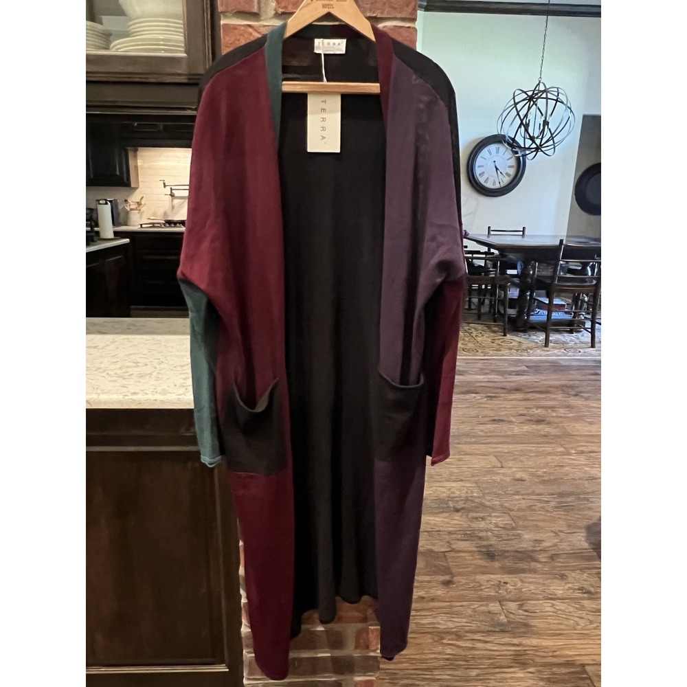 Terra SJ Apparel Women's Long Open Front Color Block Cardigan Sweater Sz M